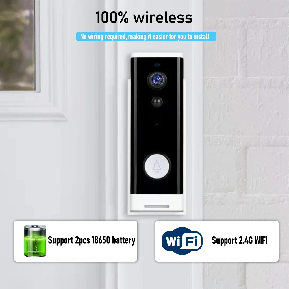 1080P TUYA Video Doorbell 100% Wireless 166 ° Wide Angle Field of View Phone Door Bell Cam PIR Motion Detection Work with Alexa