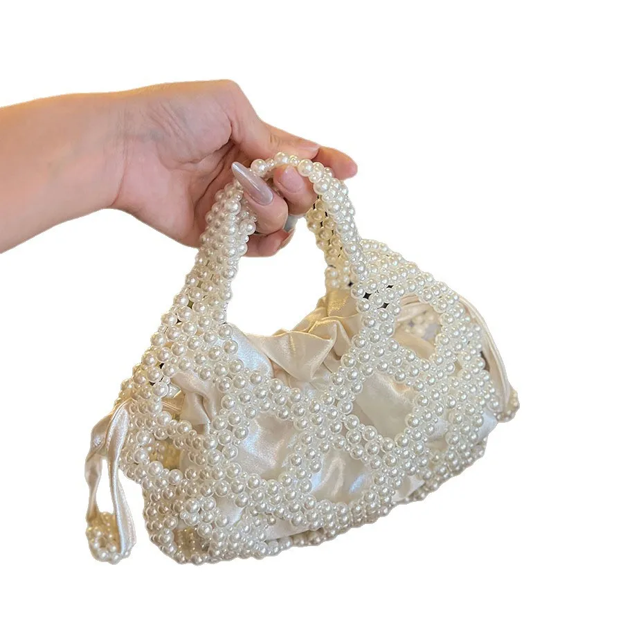 Handmade Beaded Woven Bag Retro Celebrity Temperament Handbag Hollow Silk Satin Cheongsam Bag