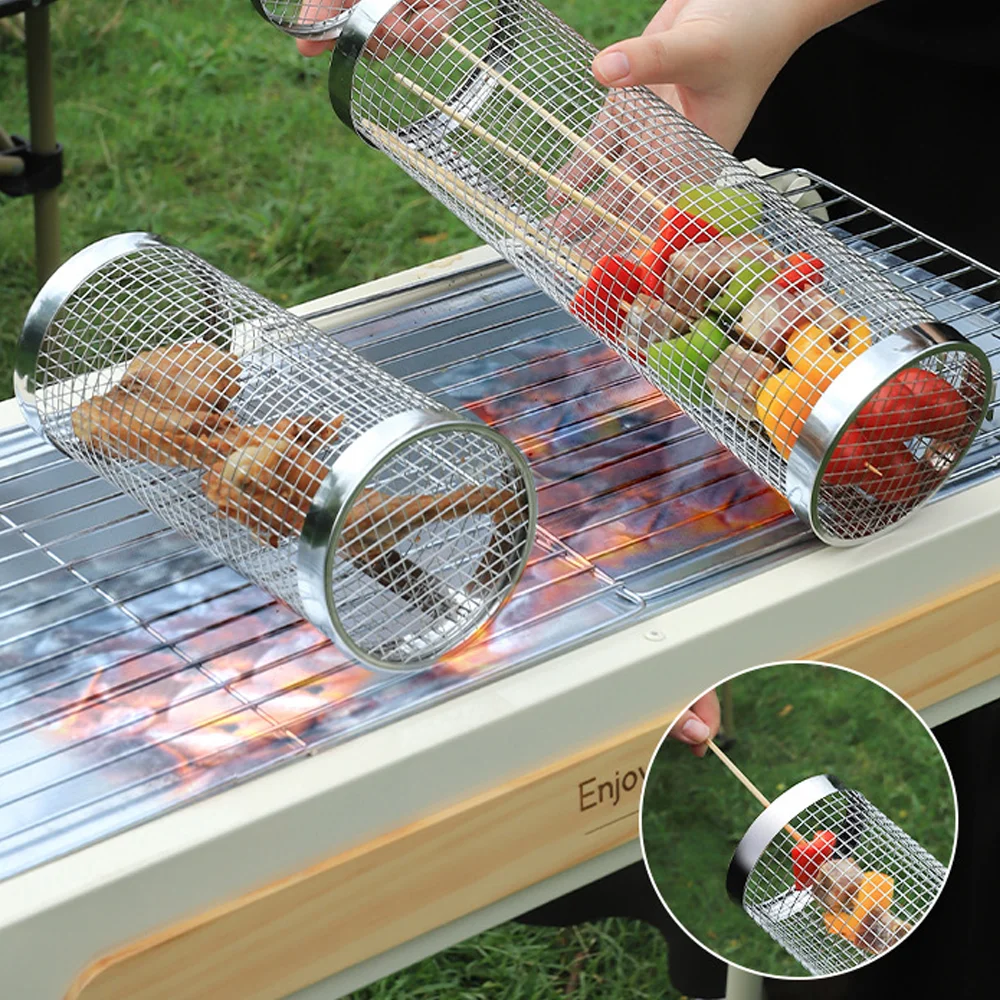 Rolling Grilling 、Stainless Steel BBQ Net Tube Baskets Accessories Tools for Vegetable Fish Meat Food Camping