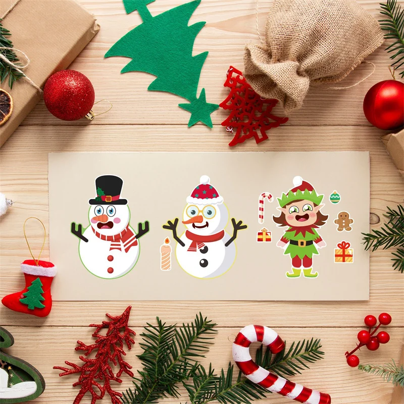 6/12/24Sheets Kids DIY Stickers Classic Make Your Own Christmas Tree Santa Face Jigsaw Sticker Party Puzzle Toys Boys Girls Gift