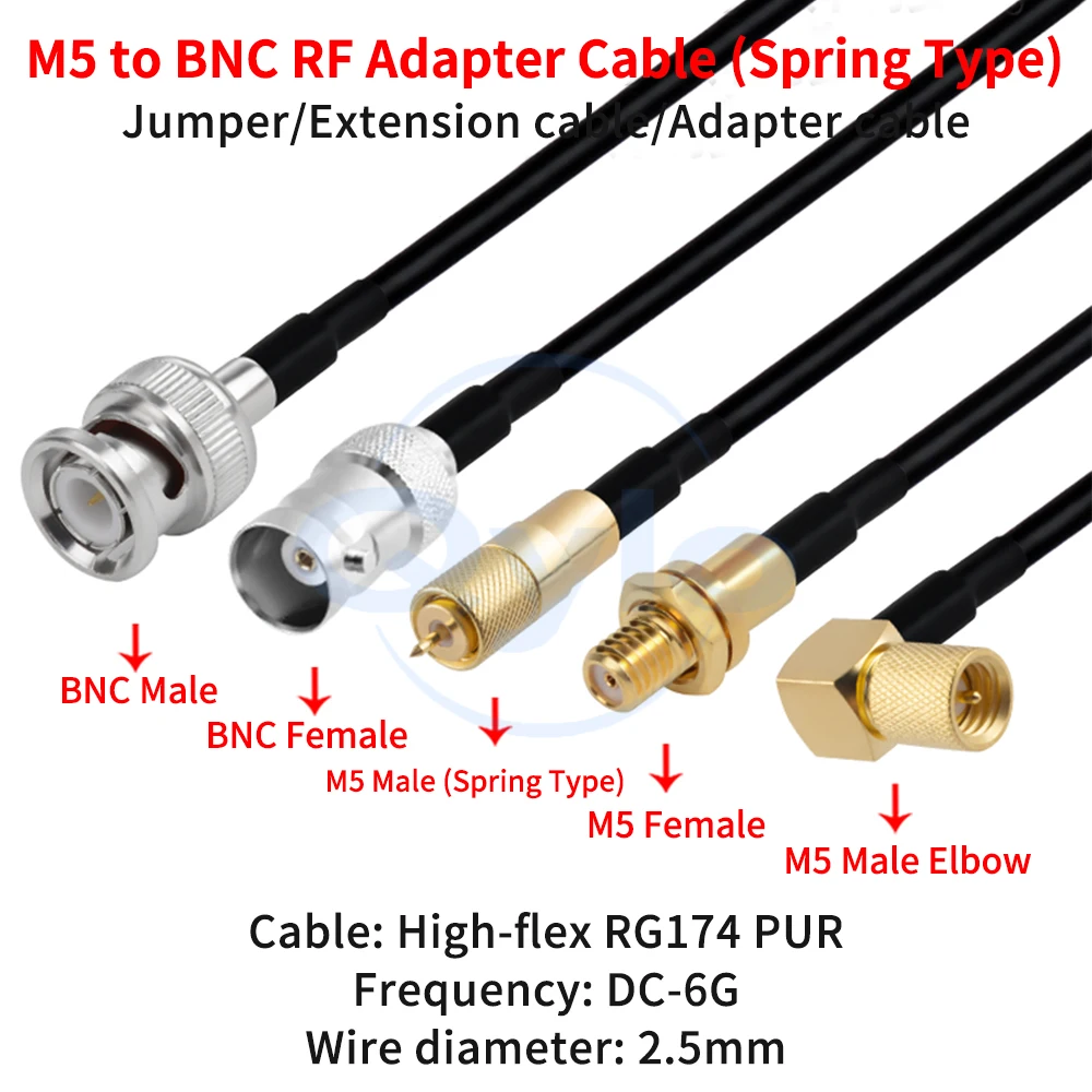 Spring-loaded M5 to BNC RF Adapter Cable Highly Flexible RG174 TPU M5 to BNC Male/Female Connectors (1 pcs)