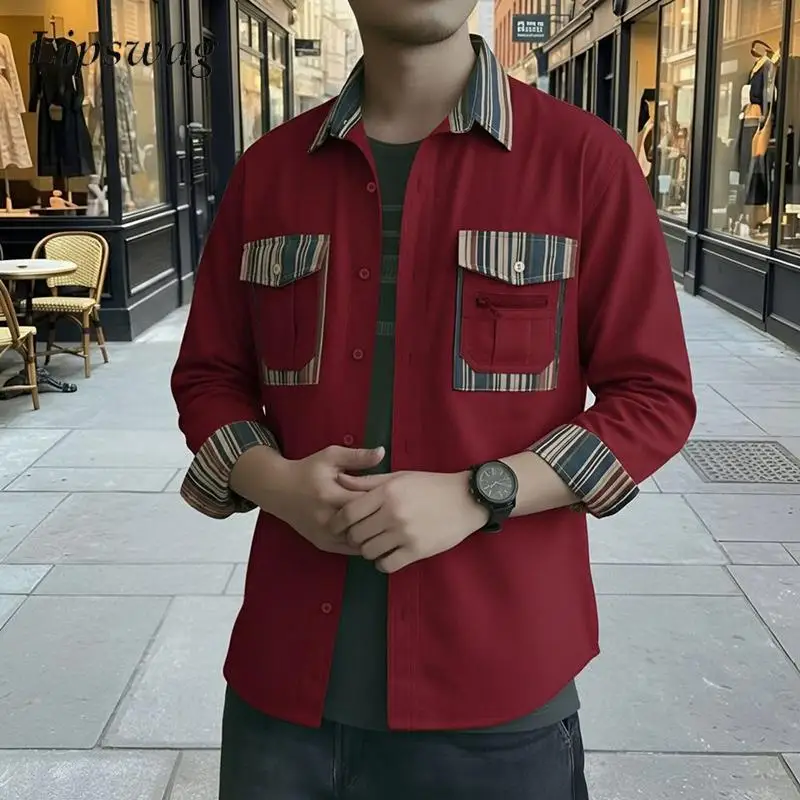 

Vintage Mens Patchwork Linen Shirts Fashionable Long Sleeve Button-up Turn-down Collar Shirt Spring Casual Contrast Color Shirts