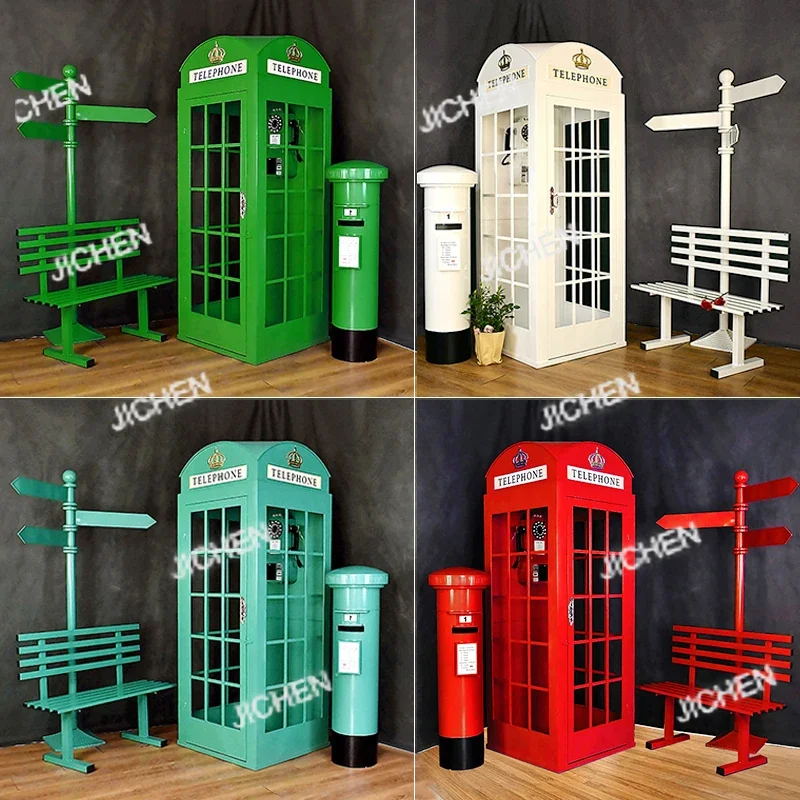 

JCRetro red phone booth set combination mailbox street sign park chair booth