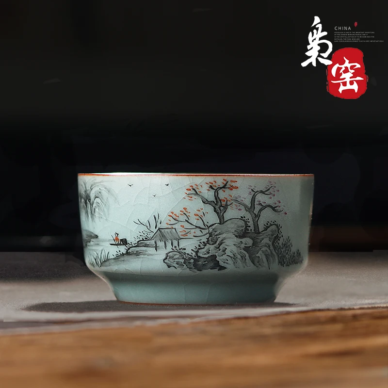 

Jingdezhen Tea Cup Ru Ware Azure Gracked Glaze Handmade Ink Color Landscape Kung Fu Tea Cup Single Cup Master Cup Tea Bowl