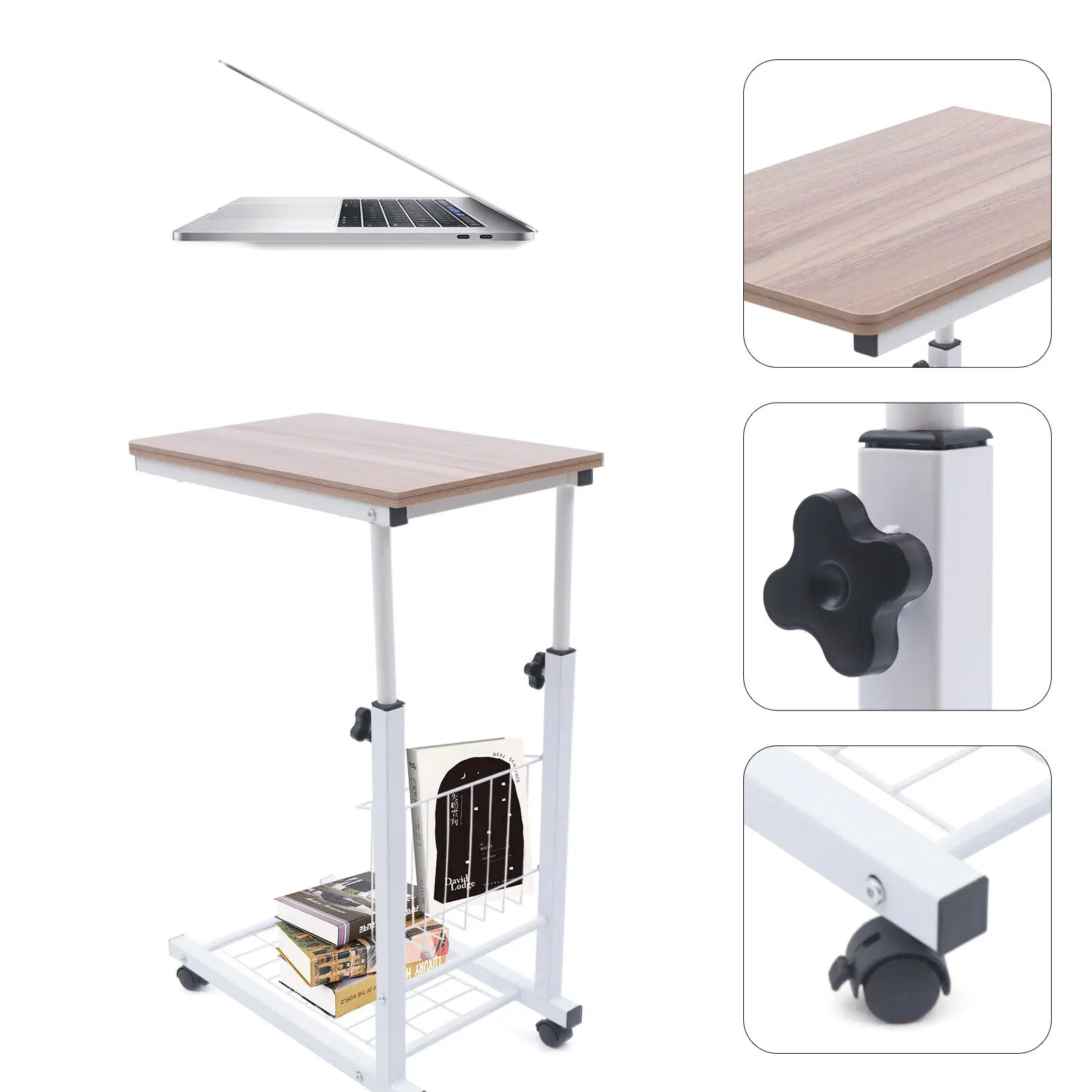 Portable Bedside Sofa Side Table Mobile Wheels Hospital Overbed Rolling Tray Height Adjustable End Desk C-Shaped