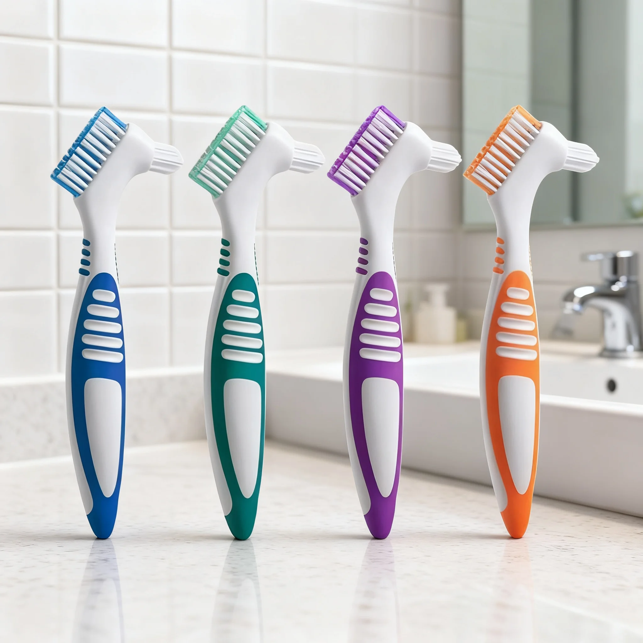 1pcs Denture Cleaning Brush False Teeth Brush Soft Multi-Layered Bristles Oral Care Rubber Handle Non-slip Tooth Brushes