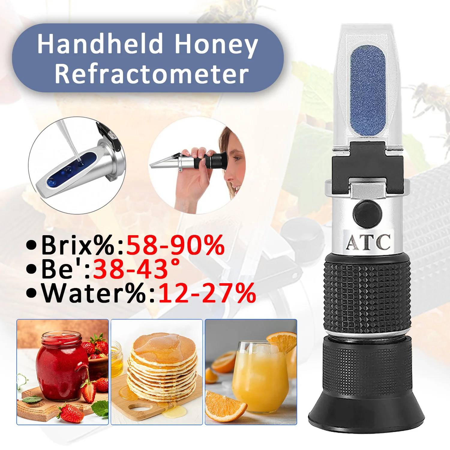 1.5X Handheld Honey Refractometer ATC Portable 12-27% Water 58-90% Brix Sugar Concentration Meter 38-43% Baume Contents Detector