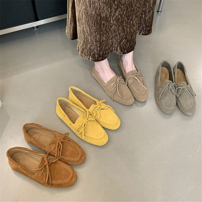 

ASUMER 2025 New Suede Leather Women Flats Lace Up Women's Loafers Solid Color Spring Summer Female Casual Flat Shoes