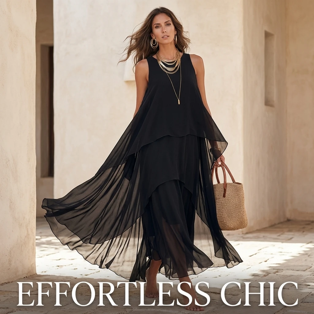 Maxi Dress 226 Women Black Sleeveless Irregular Layered Hem Chiffon Elegant Flowy Long Dress