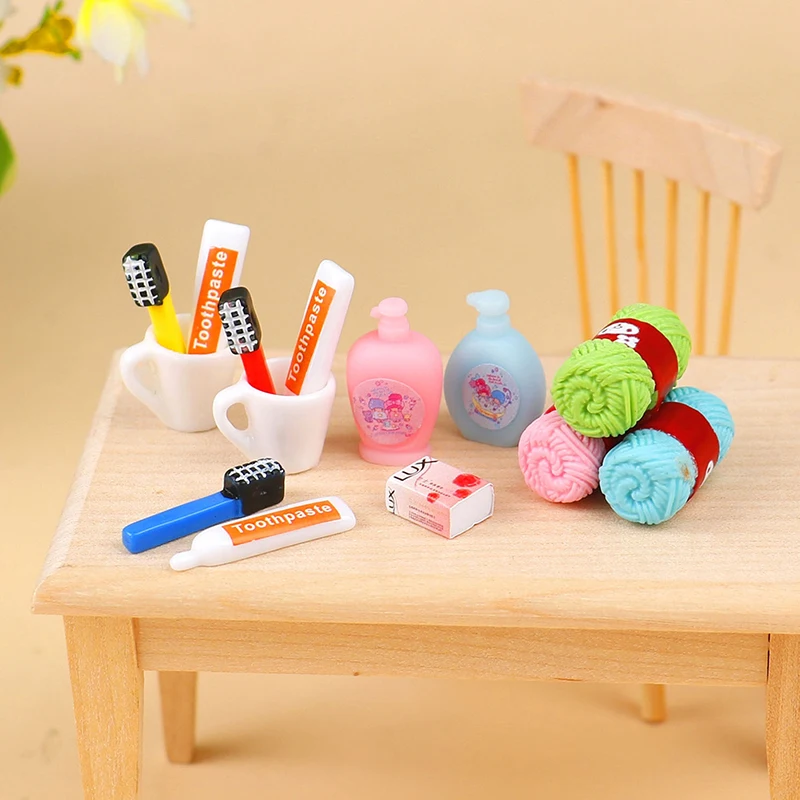 7Pcs/set 1:12 Dollhouse Bathroom Supplies Toothbrush Toothpaste Towel Shampoo Wash Set Model For Doll House Decor Kids Toys