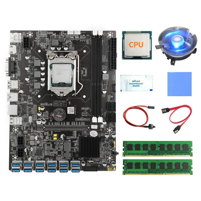 

B75 12USB GPU Miner Motherboard+CPU+2X4G DDR3 RAM+Fan+Thermal Grease/Pad+SATA Cable+Switch Cable LGA1155 BTC Motherboard