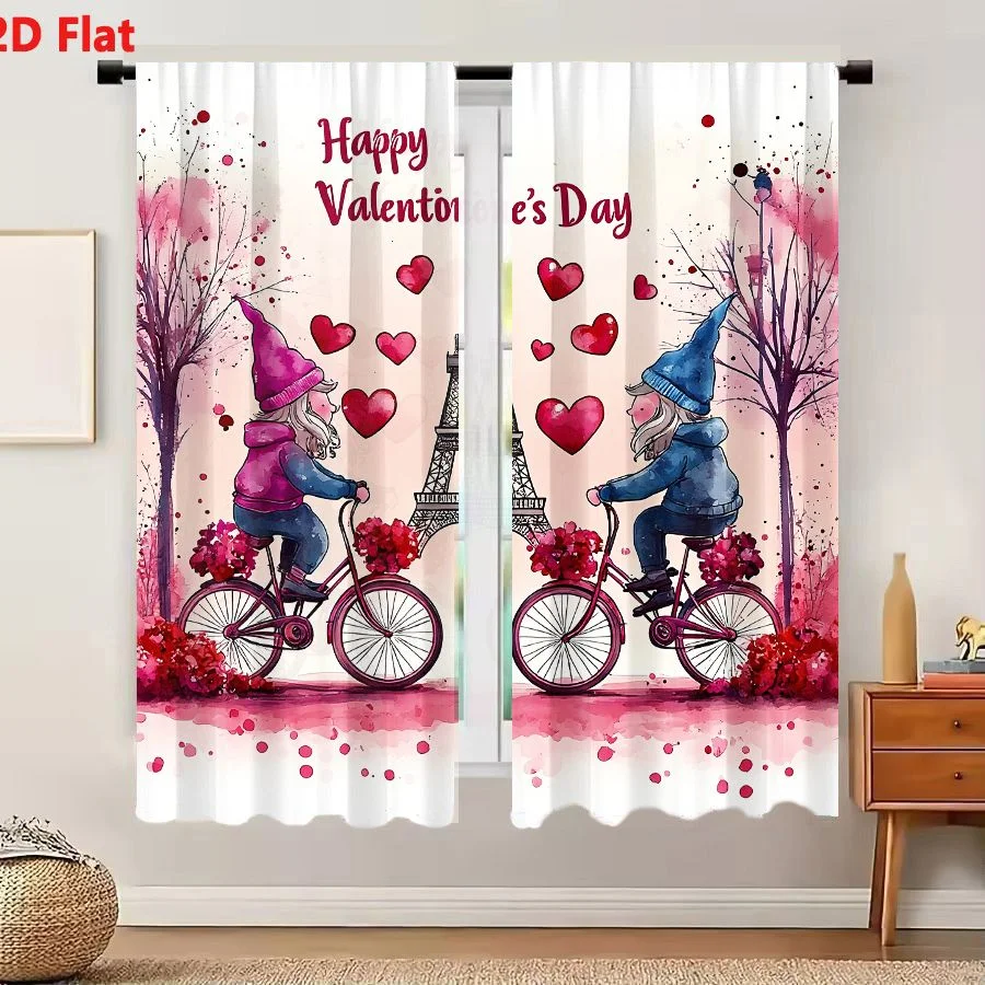 2Pcs Curtains 2D Flat Romantic Watercolor Gnomes Riding Bicycles In Paris With Eiffel Tower And Red Roses For Valentine's Day Wi
