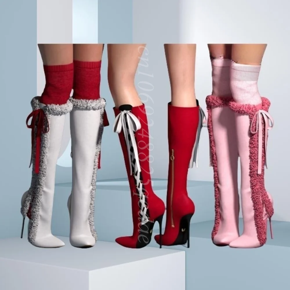 

Side Cross Tied Knee High Boots Pink Suede Leathers Winter Warm Shoes Thin High Heels Zipper Decor Sexy 2025 Zapatos Para Mujere