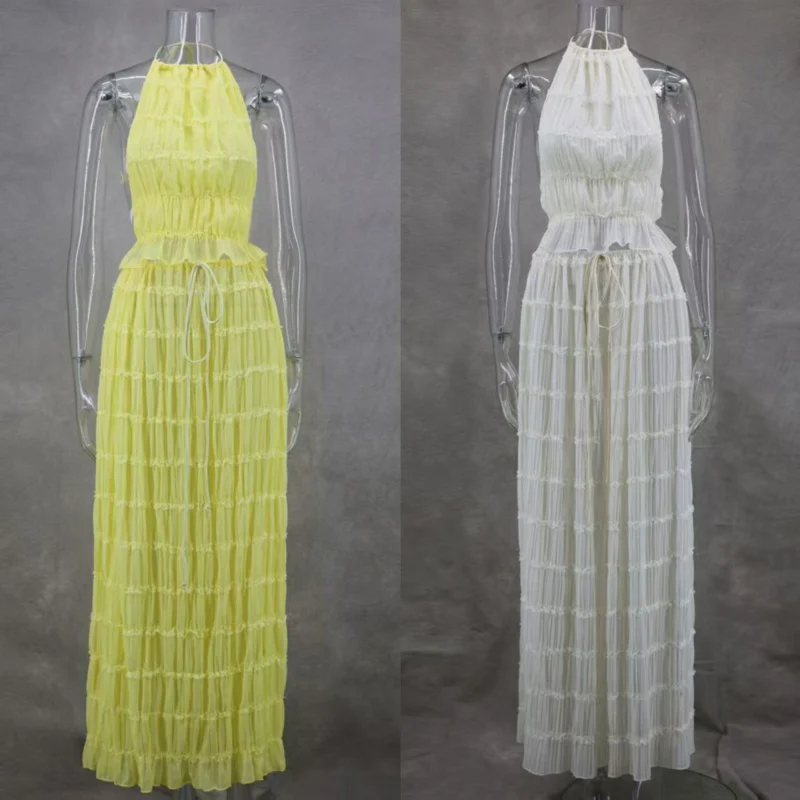 

Ruffle Halter Backless Crop Top Maxi Skirt 2 Piece Set Woman Sexy Sleeveless Lace Up Vest Summer Fashion Pleated Long Skirts