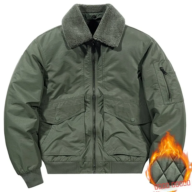 

Men's Winter Thickened Fleece Lined Flight Jacket Retro Casual Warm Coat with Fur Collar Multiple Pockets Workwear Style