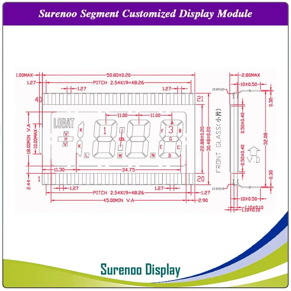 Brand New Customized 3 1/2 3.5 Bit 3V Segment Digital LCD Module Display Screen Glass (Outline: 50.8*30.5MM) 40P for Multimeter