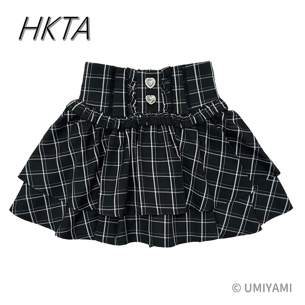 Japanese Sweet Cute Versatile Love Gem Cake Skirts Women Mine Lolita Waist Double Ruffle Edge Black Plaid Short Skirts Ladies