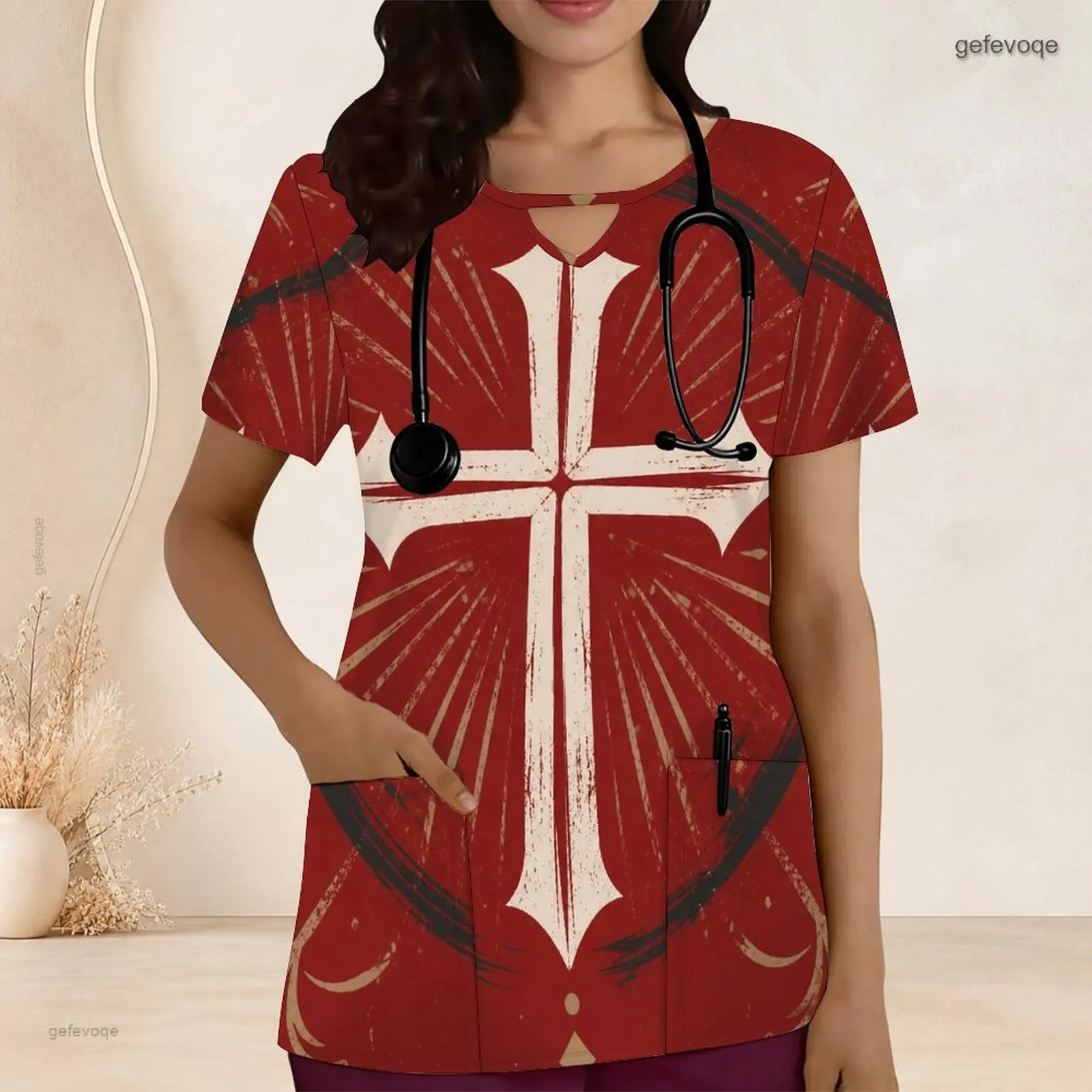 Women Printed Scrub Top Keyhole Neck Short Sleeve Front Pockets