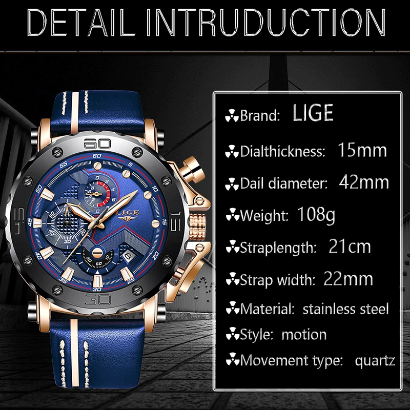 LIGE Fashion Mens Watches Top Luxury Brand Waterproof Sport Wrist Watch Chronograph Quartz Military Leather Relogio Masculino