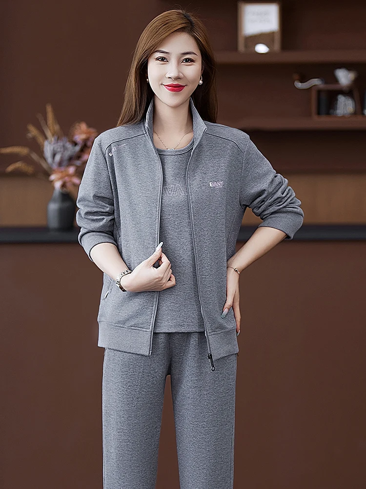 

Модный повседневный спортивный костюм для женщин: новый комплект из двух предметов (свитер и футболка) для мам среднего возраста, весна-осень, на молнии, свободный крой, длинный рукав.