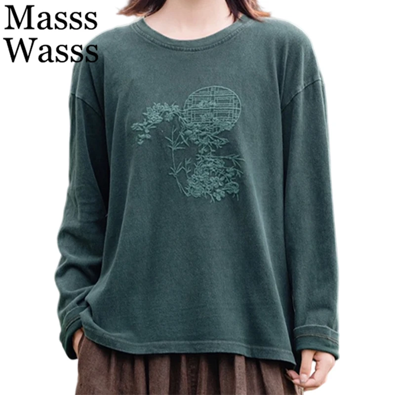 

Бренд Mass Wasss, осень 202, женские винтажные модные свободные длинные футболки с вышивкой, женские классические топы с цветочным принтом, одежда для отдыха