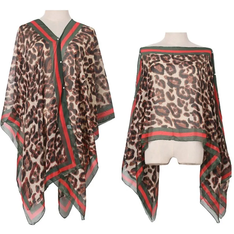 2022 New Summer Leopard Print Sunscreen Shawl Sunshade Print Sunscreen Shawl Imitation Silk Shawl Cloak Poncho Capes Red