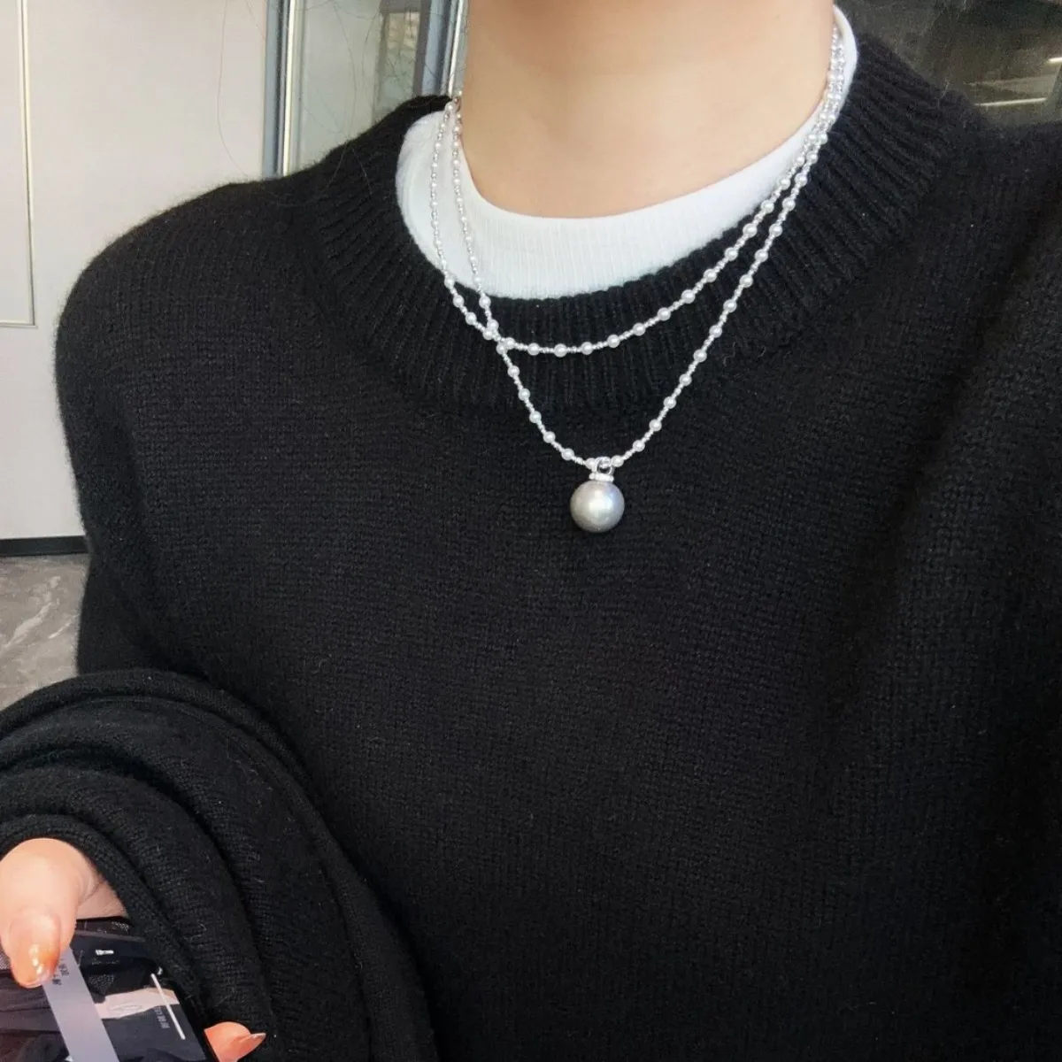 Autumn and winter retro long stitching cut flower beads gray pearl pendant sweater chain a multi-wearing casual simple women