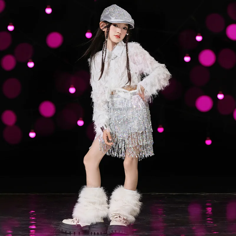 Kid Cute Hip Hop Clothing White Feather Shirt Crop Top Casual Wide Pleated Pants Mini Skirt for Girl Jazz Dance Costume Clothes - view 2