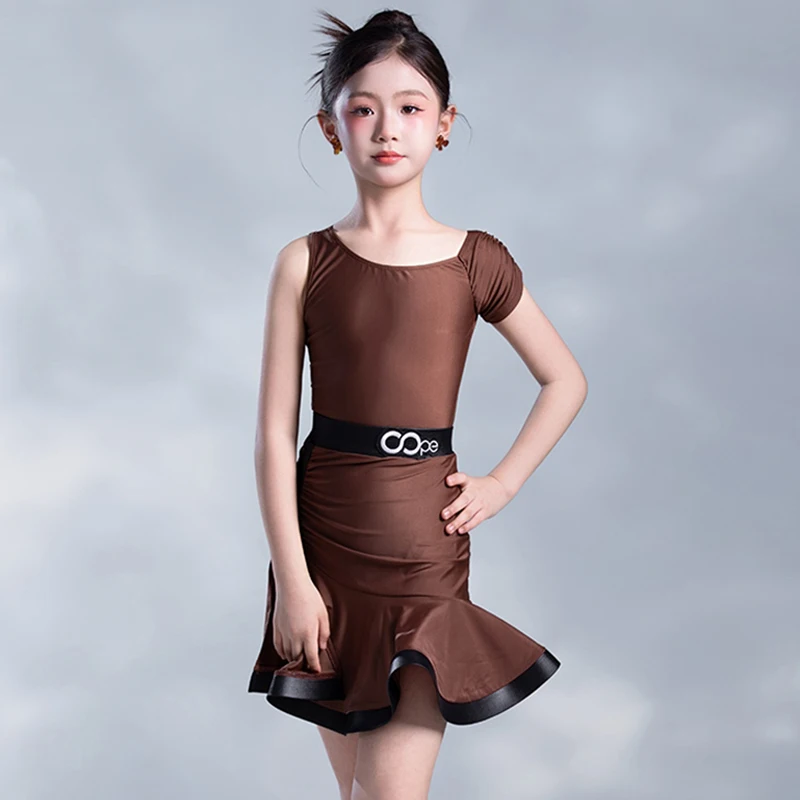 Brown Latin Dance Suit Girl New 2025 Summer Performance Wear Child Cha Cha Rumba Dancing Stage Clothes Ruffle Skirts Set AMY1907