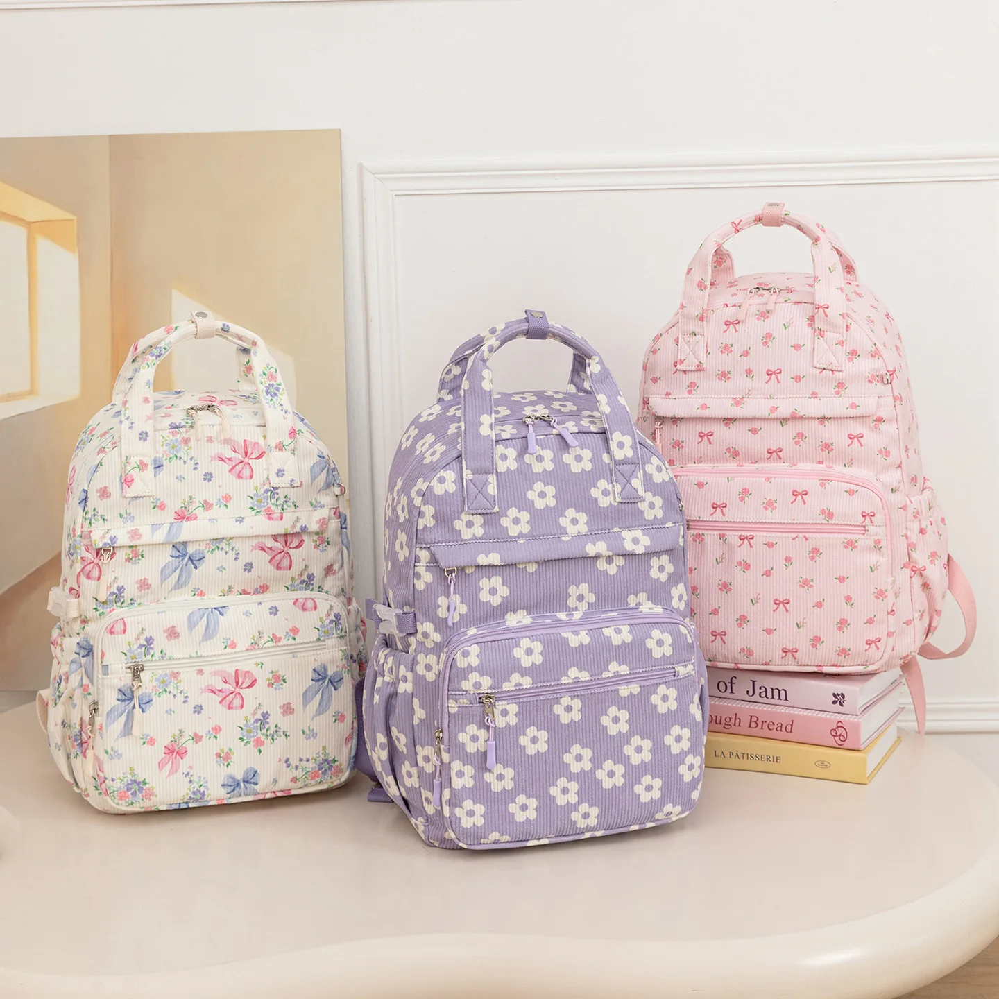 Large capacity school backpack for girls elementary middle school bags purple bookbag student flower backpack with many pockets