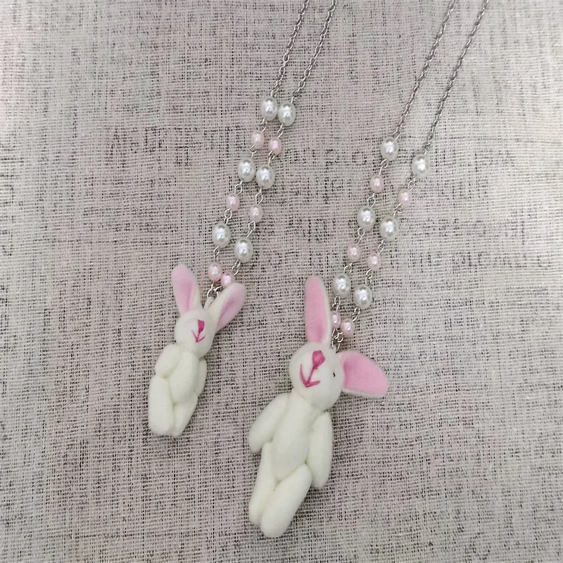 Kawaii Soft Plush Bunny Pendant Necklace Cute Fashion Animal Pink Beaded Chain Y2K Fairy core Coquettish Aesthetic Jewelry Gift