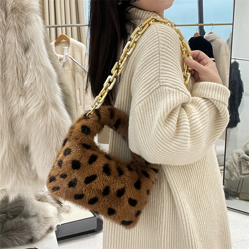 Luxury Women\'s Handheld Fur Bag Mink Hair Large Capacity Fashion Leopard Print Crossbody Bag Real Fur Versatile Chain Plush Bag