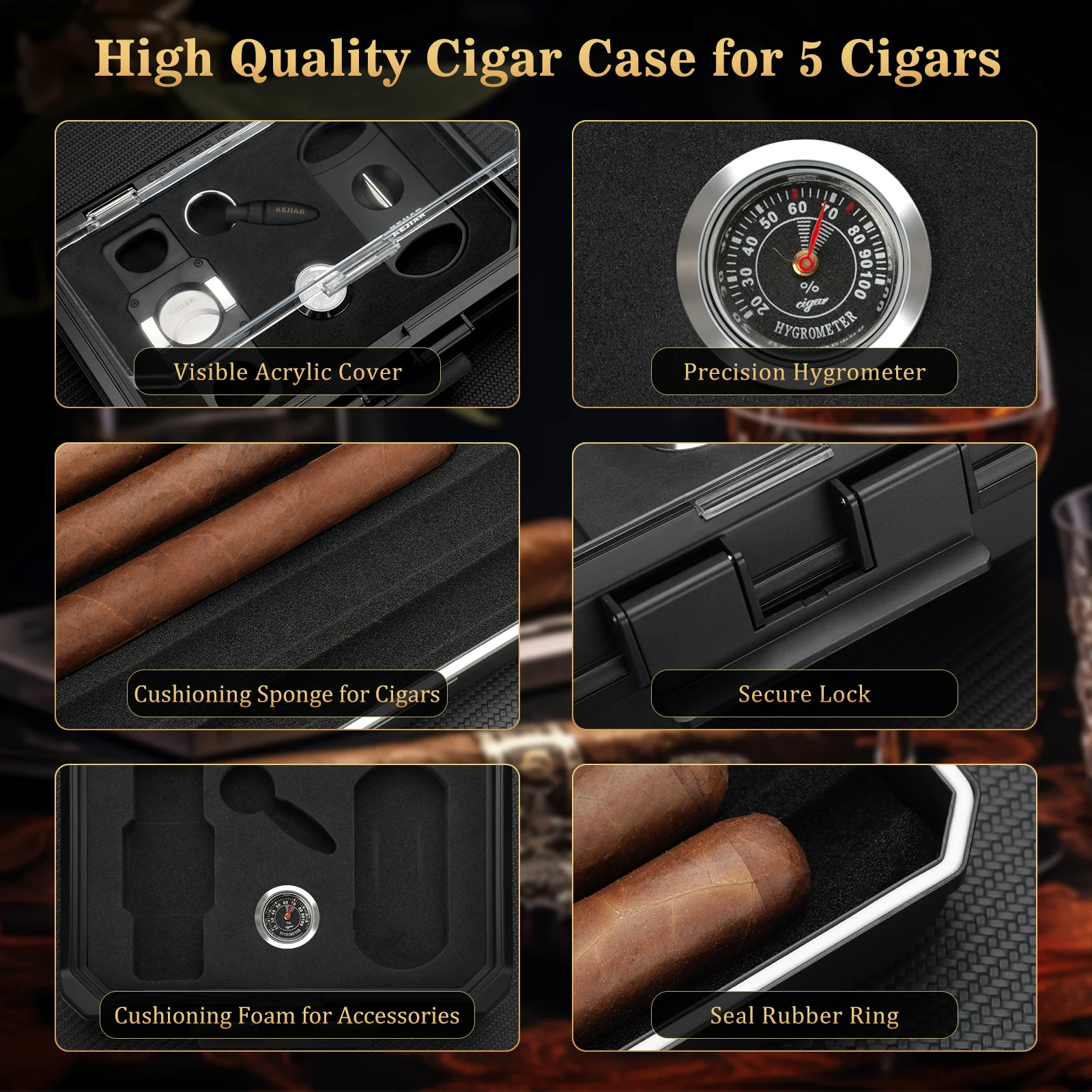 Travel Cigar Humidor Case Portable Cigar Box with Cigar Cutter V Cut,Cigar Cutter Straight Cut,Cigar Punch,Humidity Control Pack