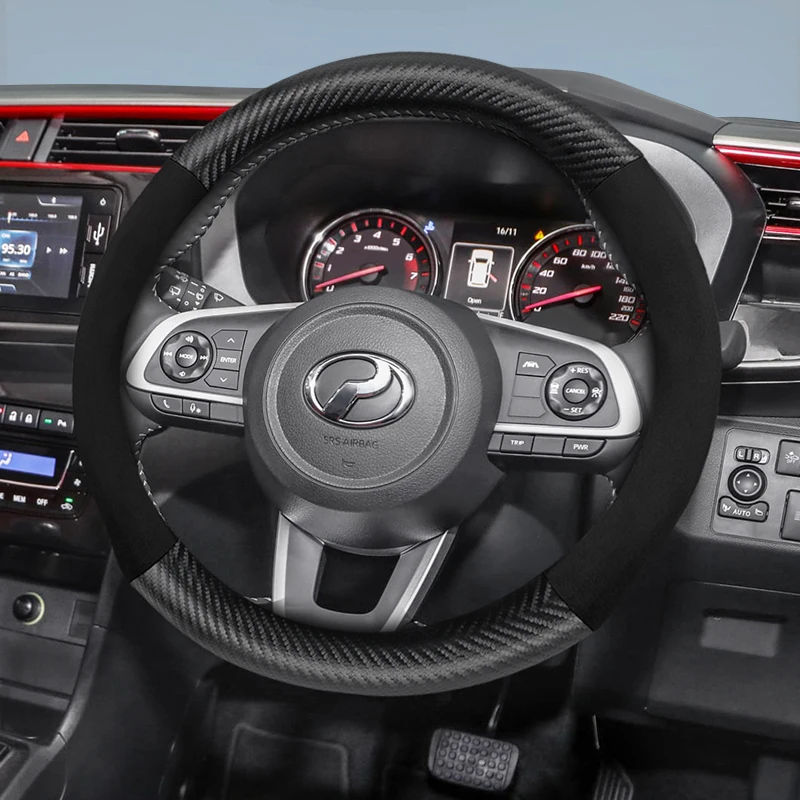 

Подходит для чехла на руль Perodua Suede Matte Carbon Fiber Texture, подходит для моделей, таких как Bezza, Axia, Myvi, Alza, Ativa, Aruz, Qv-E и т.д., черный, красный, мокко, нескользящий, прочные автомобильные аксессуары.