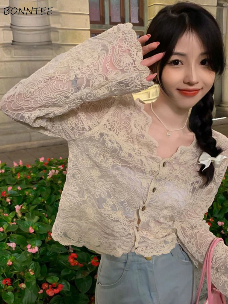 

Shirts Women Lace Chic See-through All-match Sweet Sexy Girls Streetwear Casual Sun-proof Clothing Temperament Summer Outerwear