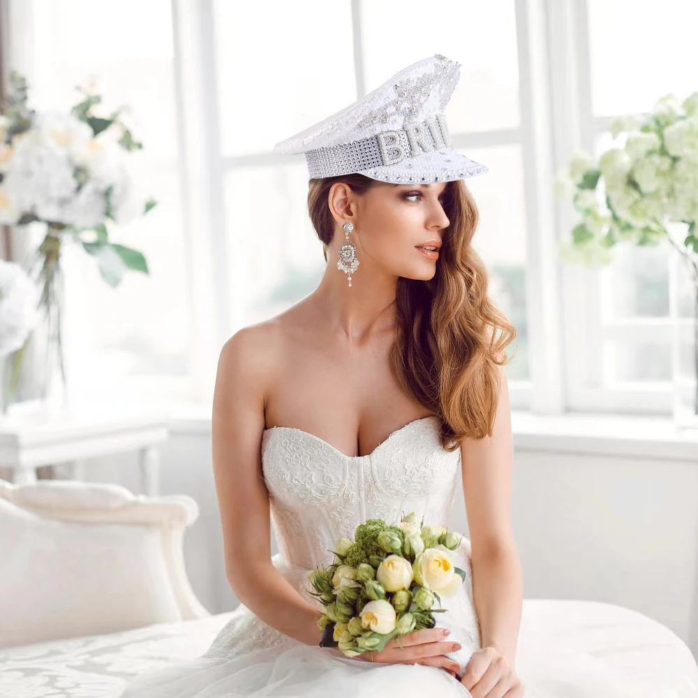 2024 Women Braidemaid Diamond Hat Wedding White Hat