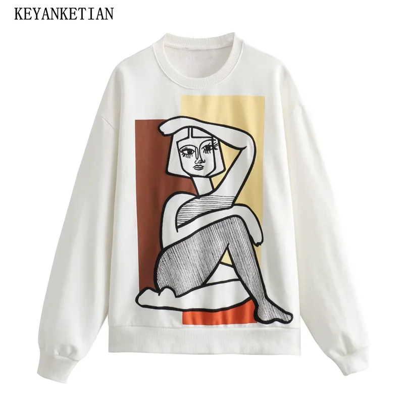 

KEYANKETIAN Autumn/Winter New Fashion Color Matching Graffiti Printing Women's Loose Hoodie Oversize O-Neck Pullover Smock