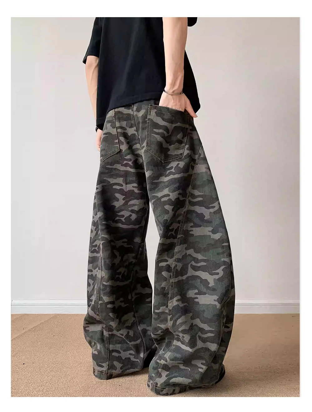 Camouflage Scimitar Hosen Herren Gespleißt Retro High Street Lose Breite Bein Denim Hosen Männer – Detail 5