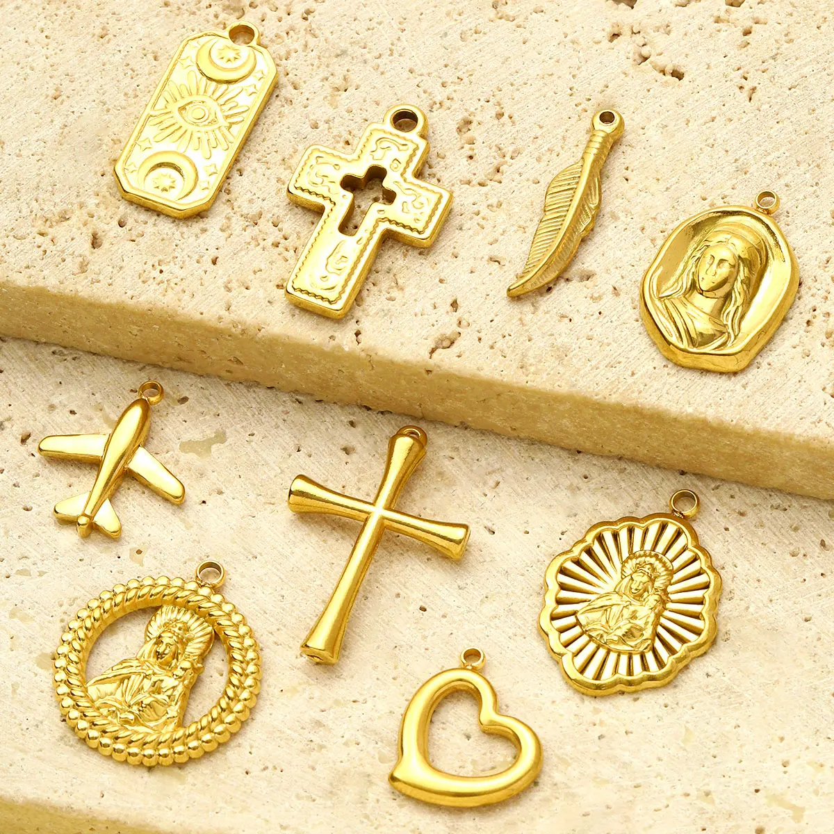 5pcs/Lot Stainless Steel The Virgin Mary Holy Mother Bracelet Charms Women Aircraft Cross Eye DIY Pendants Heart Jewelry