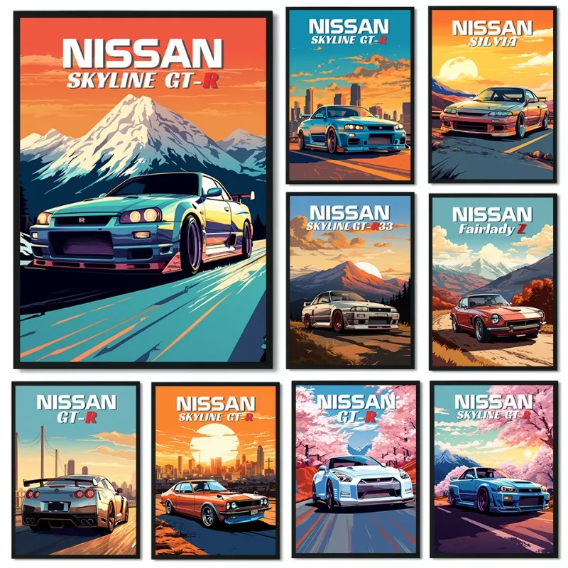 Retro Japanese Classic 1990s Sports Car Skyline-e GT-R-R34 Poster Printed Canvas Painting Wall Art Pictures Home Decor Gift