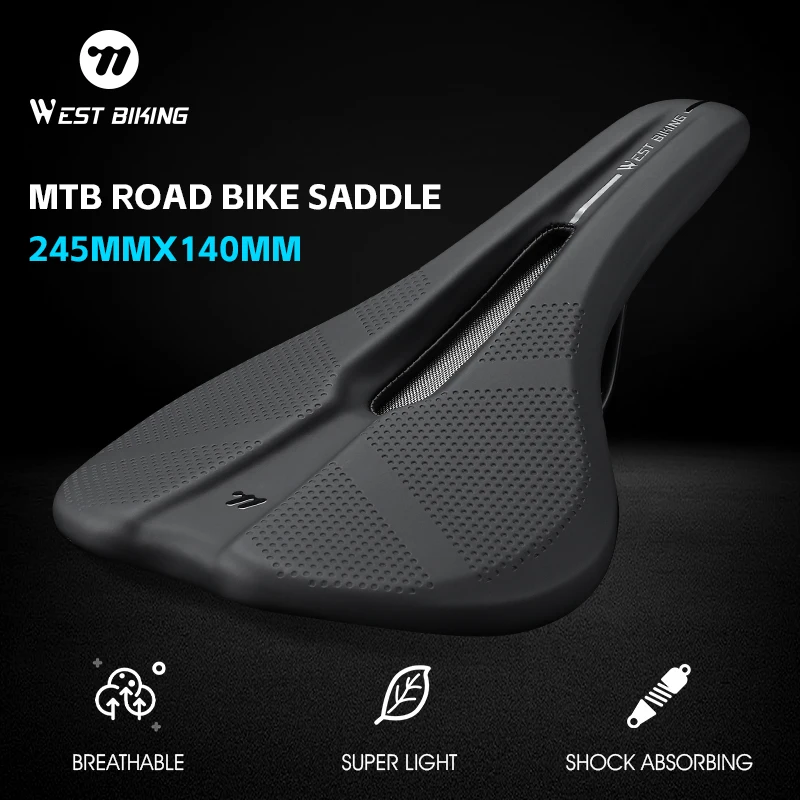 WEST BIKING MTB Bike Saddle Breathable Non-Slip Cushion Leather Surface Seat Road Bicycle Shock Absorbing Hollow Cycling Saddle