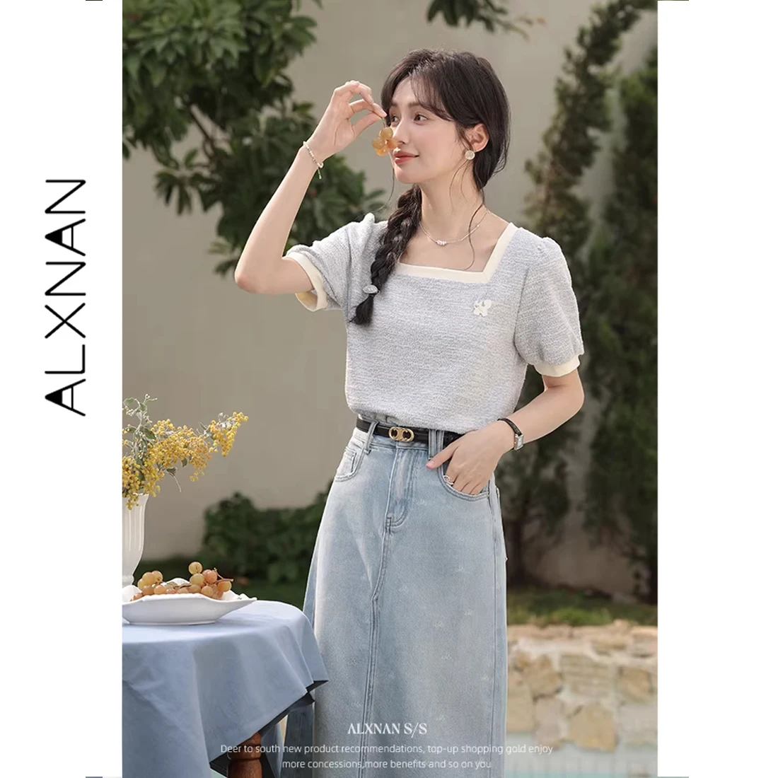 

Женская синяя футболка ALXNAN, летняя коллекция 2026, с квадратным вырезом, из хлопка, элегантная, свободного кроя, для офиса, повседневная, с коротким рукавом, L53558