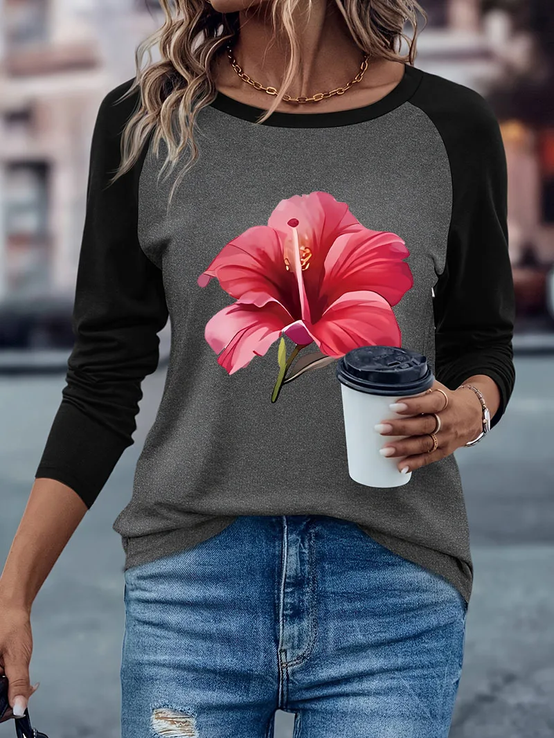 Langarm-T-Shirt Damen Casual Blumenmuster Streetwear Harajuku Winter Herbst Grafik Langärmeliges Bequemes T-Shirt Weiblich – Detail 3