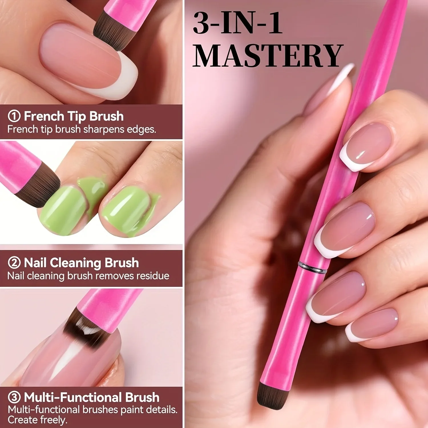 3 in 1 New French Nail Brush,with Multi-function Brush Head-Fine Nail Brush,Suitable for Gel and Acrylic Nails,Precise Cleaning