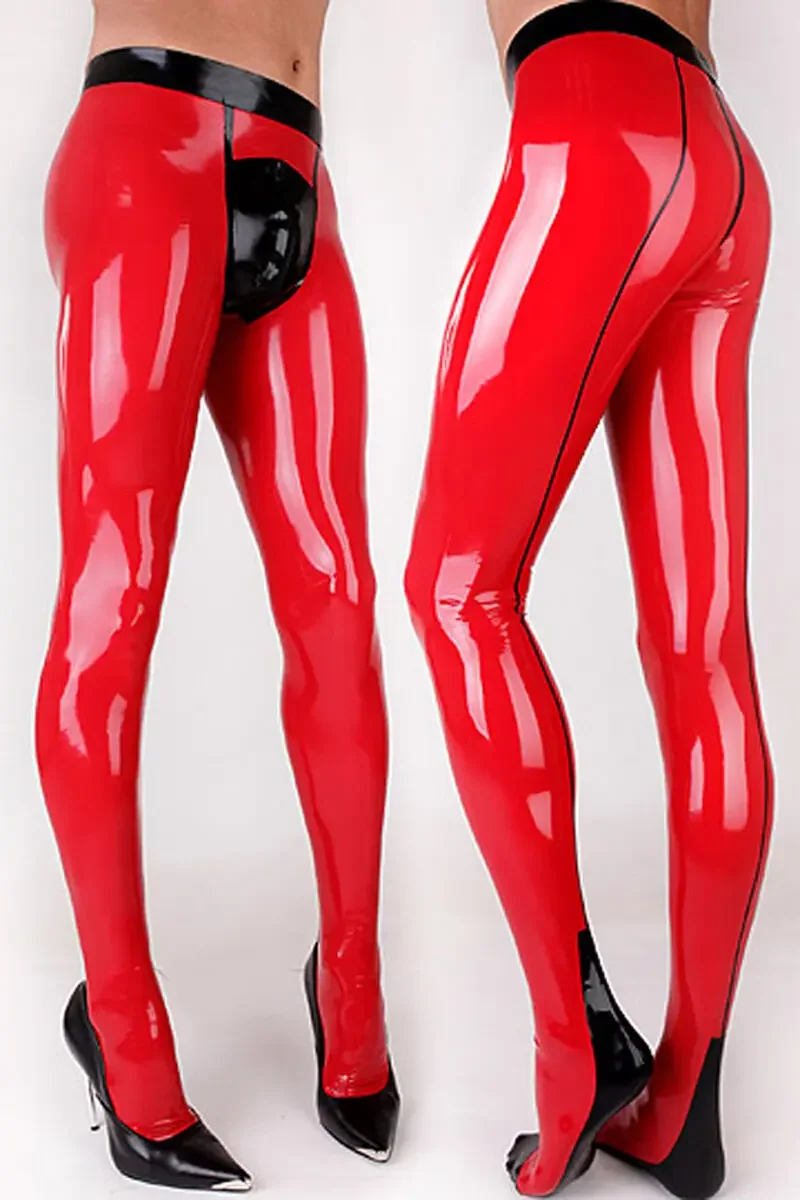 

Sexy Red Latex Men Pants Codpieces with Socks Front Zipper Rubber Trousers Jeans Customize