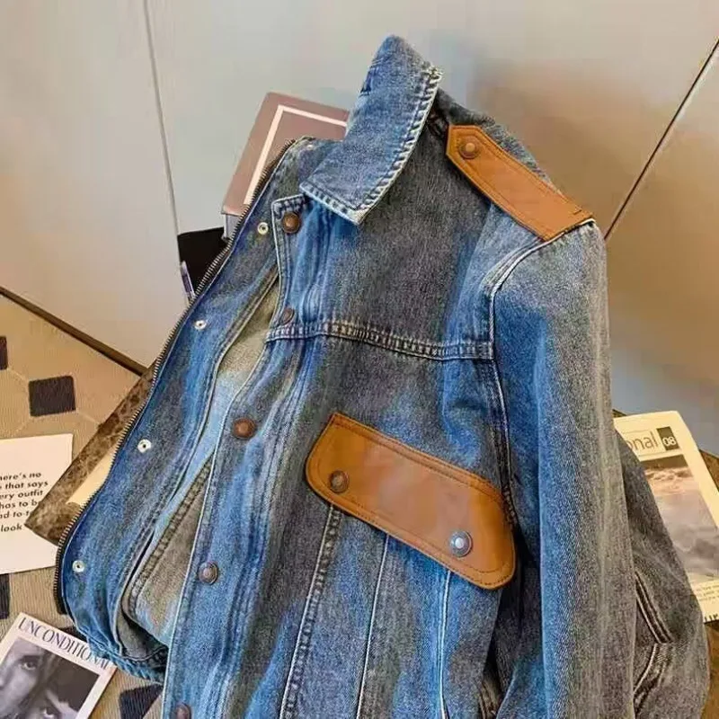 New Spring  Autumn Style To Do Old Fashion Brand Jacket Loose Design Sense of Top American Vintage Splicing Denim lovers Coat