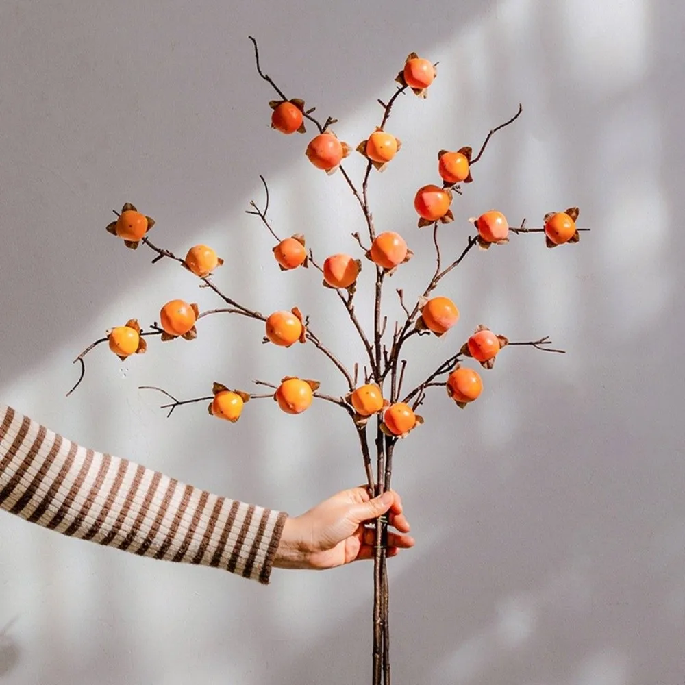 Rama de caqui Artificial de 8 cabezas, ramas de frutas artificiales hechas a mano realistas, plantas falsas elegantes de plástico, Año Nuevo