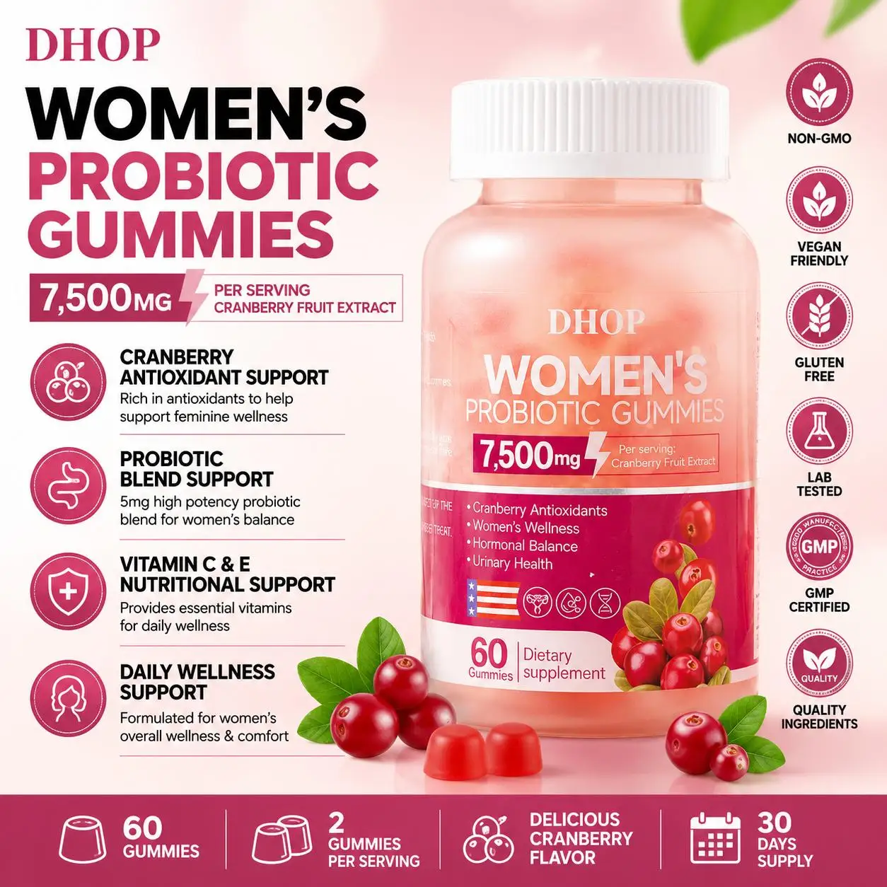 DHOP Women Probiotic Gummies Cranberry Extract Vitamin C E 8 Billion CFU Antioxidant Support Non-GMO Vegan Gluten Free 60 Count