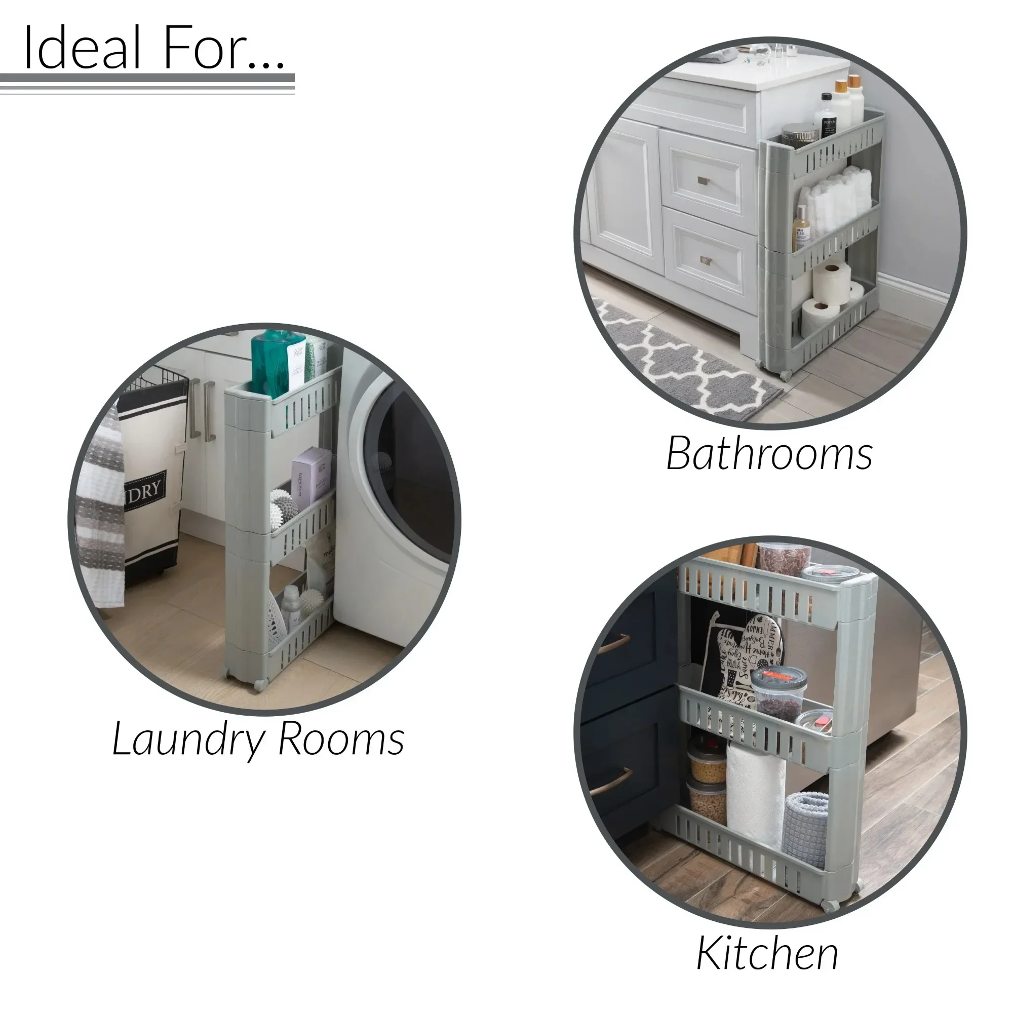 3-Tier Slim Slide-Out Plastic Storage Cart Grey - For Laundry Room & Closet Organization - Space Saving Rolling Cart