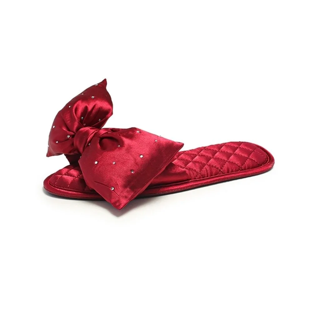 

Casual Big Bow Satin Slippers Soft Bottom Non-Slip Wedding Slippers Peep Toe Plaid Rhinestone Slides Unisex